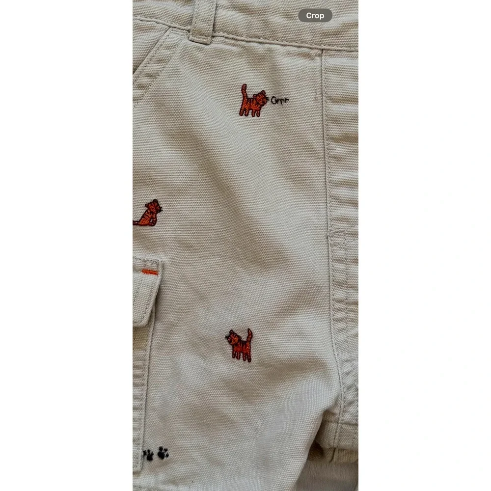 VTG Gymboree Baby Boy 2pc Set Khaki Tiger Embroidered Cargo Overalls Shirt 6-12M